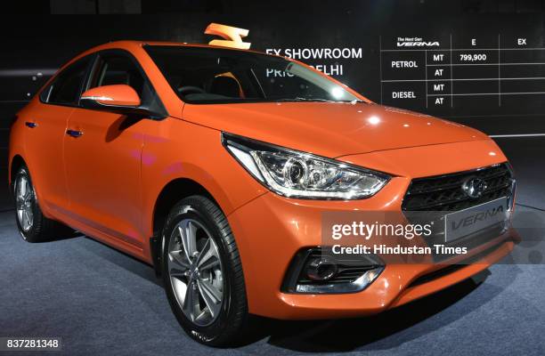 Side view of newly launched Global Next Gen Verna on August 22, 2017 in New Delhi, India. The petrol variants of the fifth generation Verna are...
