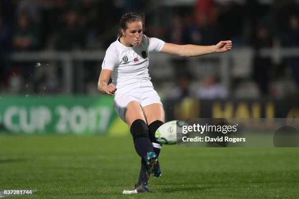 Emily Scarratt of England kicks her team's second penalty during the Women's Rugby World Cup 2017 Semi Final match between England and France at the...