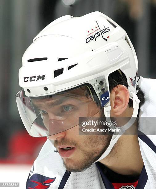 Alex Ovechkin of the Washington Capitals looks on against the New Jersey Devils at the Prudential Center on November 15, 2008 in Newark, New Jersey.