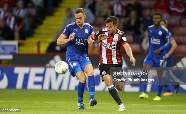 Andy King of Leicester City in action with George Baldock of Sheffield United during the Carabao Cup Second Round tie between Sheffield United and...