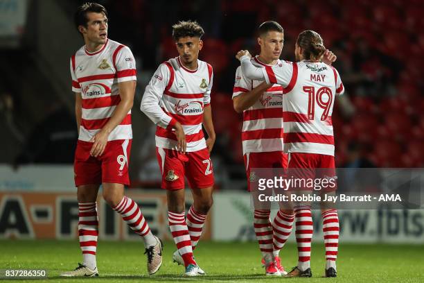 Tommy Rowe of Doncaster Rovers celebrates after scoring a goal to make it 2-0 during the Carabao Cup Second Round match between Doncaster Rovers and...