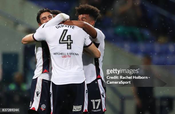 Bolton Wanderers' Dorian Dervite celebrates scoring his side's first goal during the Carabao Cup Second Round match between Bolton Wanderers and...