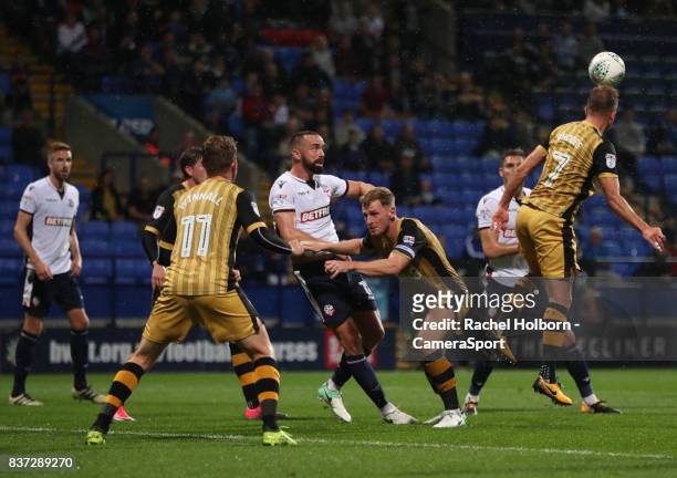 Bolton Wanderers' Dorian Dervite scores his side's first goal during the Carabao Cup Second Round match between Bolton Wanderers and Sheffield...