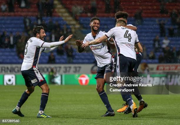 Bolton Wanderers' Dorian Dervite celebrates scoring their first goal during the Carabao Cup Second Round match between Bolton Wanderers and Sheffield...