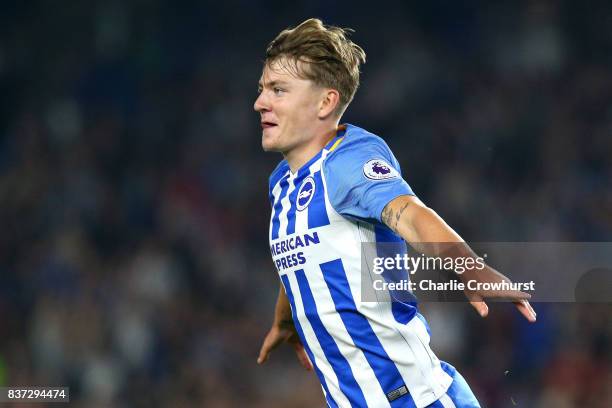 James Tilley of Brighton and Hove Albion celebrates scoring his sides first goal during the Carabao Cup Second Round match between Brighton & Hove...