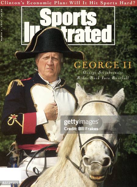 March 1, 1993 Sports Illustrated via Getty Images Cover: Baseball: Unusual closeup portrait of New York Yankees owner George Steinbrenner on horse...