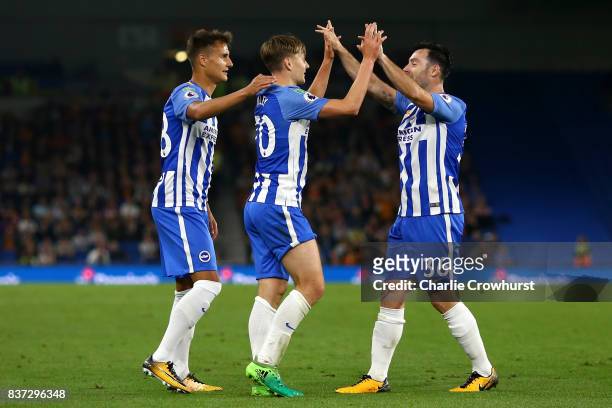 James Tilley of Brighton and Hove Albion celebrates scoring his sides first goal with his team mates during the Carabao Cup Second Round match...