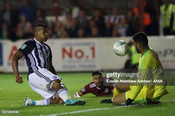 Aaron Chapman of Accrington Stanley saves from Salomon Rondon of West Bromwich Albion during the Carabao Cup Second Round match between Accrington...