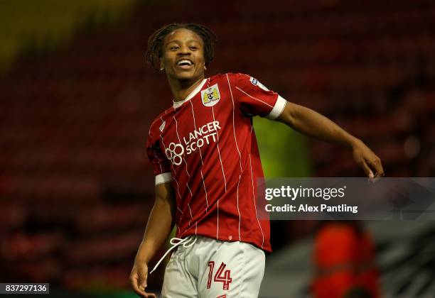 Bobby Reid of Bristol City celebrates scoring his team's second goal during the Carabao Cup Second Round match between Watford and Bristol City at...