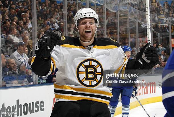 Phil Kessel of the Boston Bruins celebrates his first-period goal against the Toronto Maple Leafs at the Air Canada Centre November 17, 2008 in...