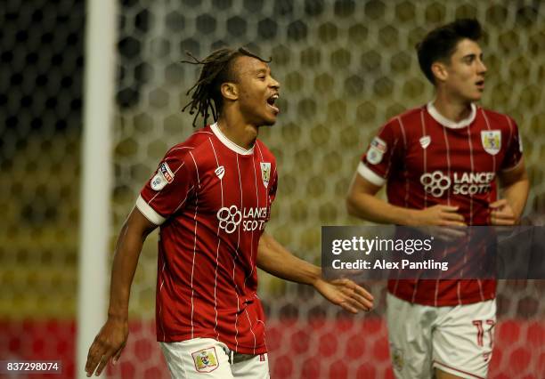 Bobby Reid of Bristol City celebrates scoring his team's second goal during the Carabao Cup Second Round match between Watford and Bristol City at...