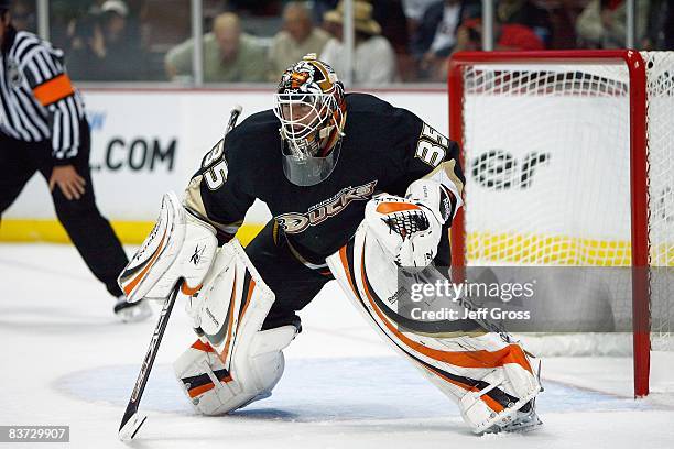 Goalie Jean-Sebastien Giguere of the Anaheim Ducks guards the net during the game against the Vancouver Canucks at the Honda Center on October 31,...