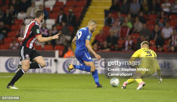 Leicester City's Islam Slimani rounds Sheffield United's goalkeeper Jake Eastwood to score his sides second goal during the Carabao Cup Second Round...