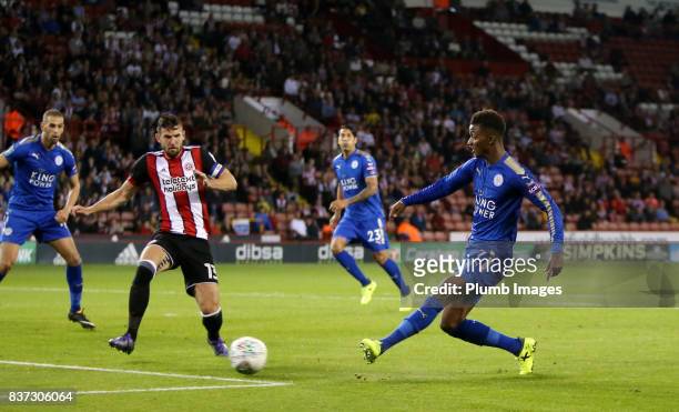 Demarai Gray of Leicester City scores to make it 0-1 during the Carabao Cup Second Round tie between Sheffield United and Leicester City at Bramall...