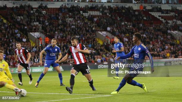 Demarai Gray of Leicester City scores to make it 0-1 during the Carabao Cup Second Round tie between Sheffield United and Leicester City at Bramall...