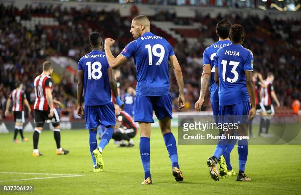 Islam Slimani of Leicester City celebrates after scoring to make it 0-3 during the Carabao Cup Second Round tie between Sheffield United and...