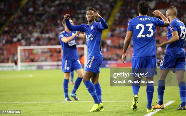 Demarai Gray of Leicester City celebrates after scoring to make it 0-1 during the Carabao Cup Second Round tie between Sheffield United and Leicester...