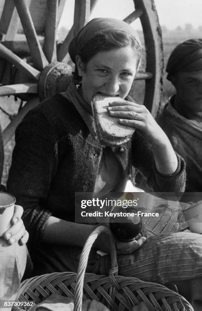 Une agricultrice allemande mange du pain pendant son repas après avoir travaillé aux champs, circa 1930 en Allemagne.