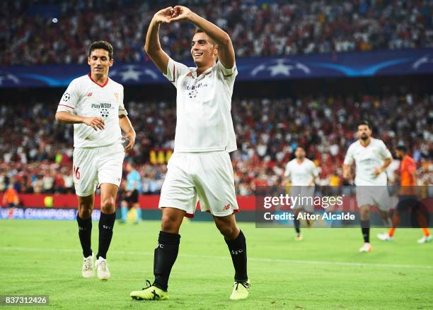 Wissam Ben Yedder of Sevilla FC celebrates after scoring during the UEFA Champions League Qualifying Play-Offs round second leg match between Sevilla...