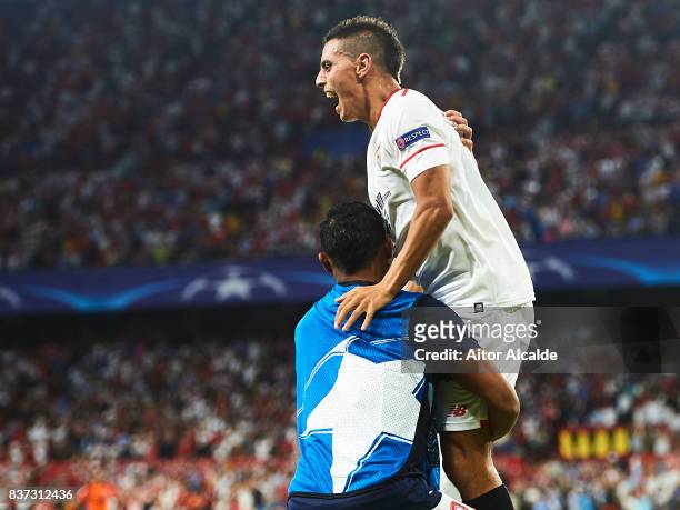 Wissam Ben Yedder of Sevilla FC celebrates after scoring during the UEFA Champions League Qualifying Play-Offs round second leg match between Sevilla...