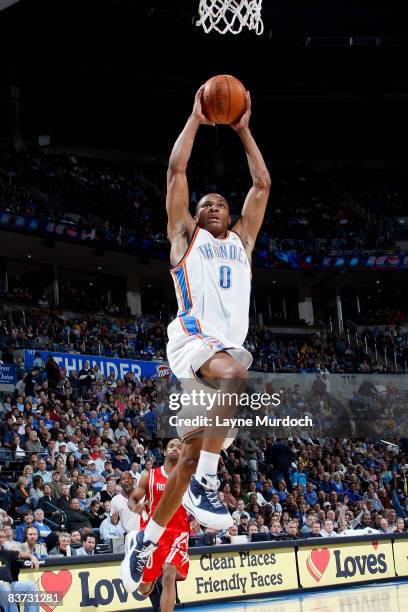 Russell Westbrook of the Oklahoma City Thunder goes up for an open layup during a game against the Houston Rockets on November 17, 2008 at the Ford...