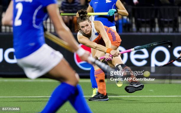 Netherlands' Lidewij Welten hits the ball during the Women's 2017 Rabo EuroHockey Championships field hockey match between the Netherlands and the...