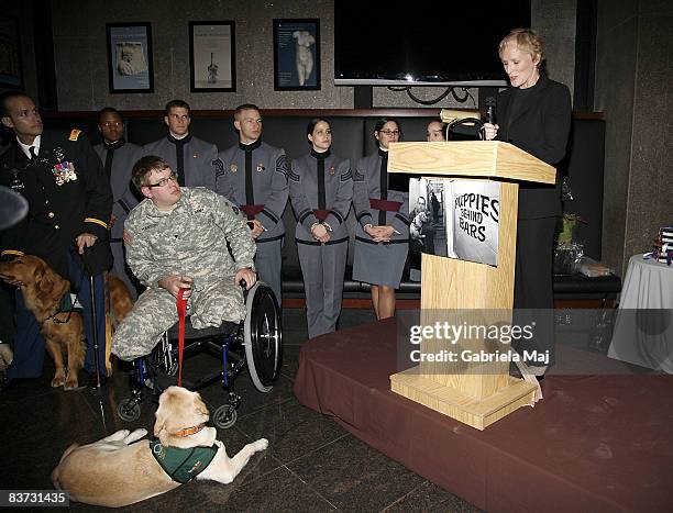 Actress Glenn Close speaks at the Puppies Behind Bars celebration titled Dog Tags: Service Dogs For Those Who've Served Us held at The Atrium Cafe,...