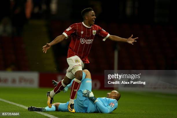 Niclas Eliasson of Bristol City celebrates scoring the third goal during the Carabao Cup Second Round match between Watford and Bristol City at...