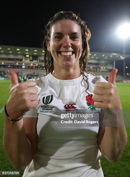 Sarah Hunter the captain of England celebrates following her team's 20-3 victory during the Women's Rugby World Cup 2017 Semi Final match between...