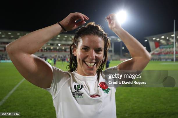 Sarah Hunter the captain of England celebrates following her team's 20-3 victory during the Women's Rugby World Cup 2017 Semi Final match between...