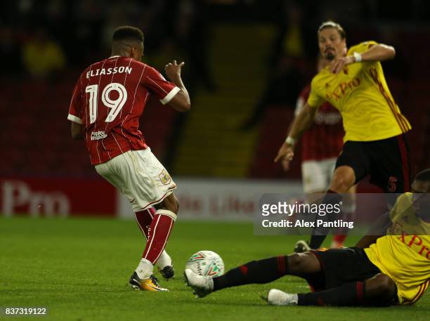 Niclas Eliasson of Bristol City scores the third goal during the Carabao Cup Second Round match between Watford and Bristol City at Vicarage Road on...