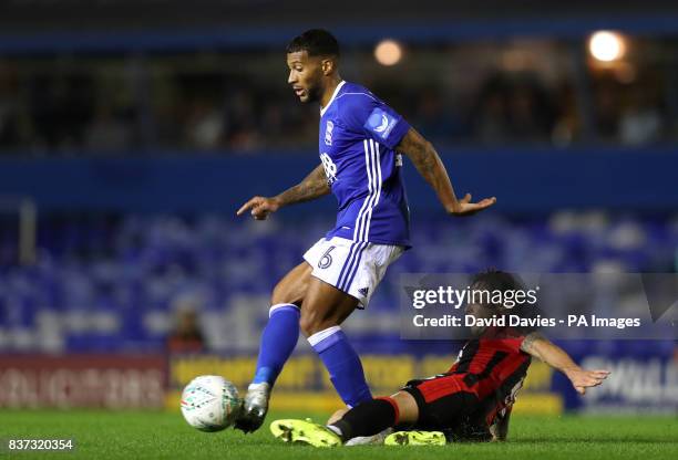 Birmingham City's Maikel Kieftenbeld and AFC Bournemouth's Adam Smith battle for the ball during the Carabao Cup, Second Round match at St Andrew's,...