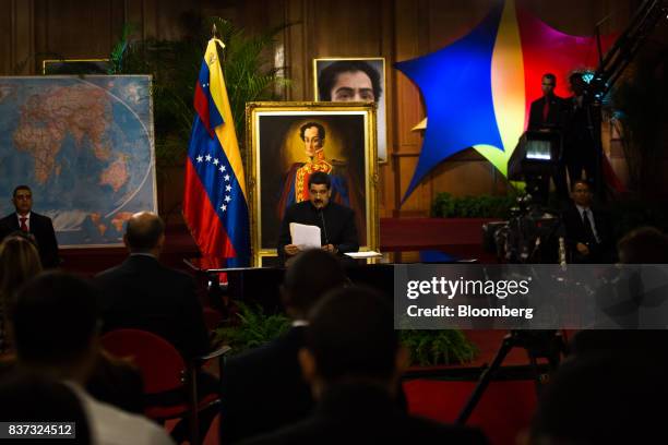 Nicolas Maduro, Venezuela's president, center, speaks during a news conference in Caracas, Venezuela, on Tuesday, Aug. 22, 2017. Maduro said...