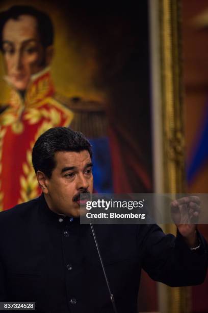 Nicolas Maduro, Venezuela's president, speaks during a news conference in Caracas, Venezuela, on Tuesday, Aug. 22, 2017. Maduro said Venezuela's...