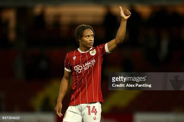 Bobby Reid of Bristol City celebrates at the final whistle during the Carabao Cup Second Round match between Watford and Bristol City at Vicarage...