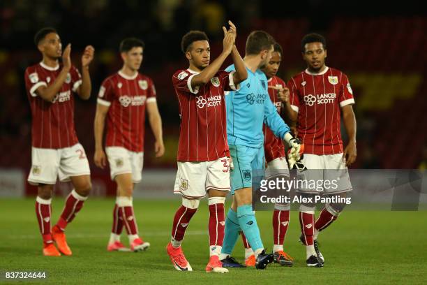 Bristol City players celebrate at the final whistle during the Carabao Cup Second Round match between Watford and Bristol City at Vicarage Road on...