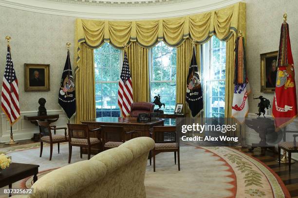 The Oval Office of the White House is seen after renovations including new wallpaper August 22, 2017 in Washington, DC. The White House has undergone...