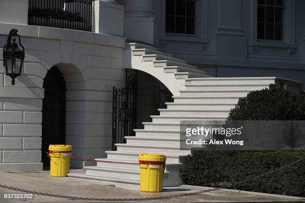 The new South Portico steps of the White House is seen August 22, 2017 in Washington, DC. The White House has undergone a major renovation with an...