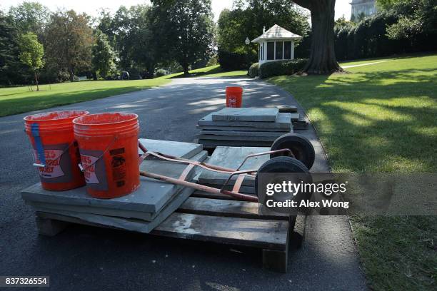 Paving stones are seen in the driveway of the South Lawn at the White House August 22, 2017 in Washington, DC. The White House has undergone a major...