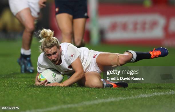 Megan Jones of England scores her team's second try during the Women's Rugby World Cup 2017 Semi Final match between England and France at the...