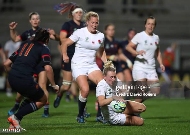 Megan Jones of England scores her team's second try during the Women's Rugby World Cup 2017 Semi Final match between England and France at the...