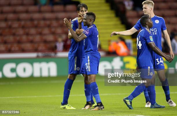 Ahmed Musa of Leicester City celebrates with Leonardo Ulloa of Leicester City after scoring to make it 1-4 during the Carabao Cup Second Round tie...