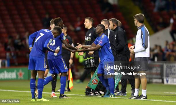 Namplays Mendy of Leicester City returns from injury during the Carabao Cup Second Round tie between Sheffield United and Leicester City at Bramall...