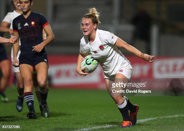 Megan Jones of England celebrates after scoring her team's second try during the Women's Rugby World Cup 2017 Semi Final match between England and...