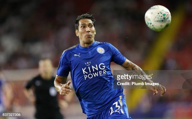 Leonardo Ulloa of Leicester City in action during the Carabao Cup Second Round tie between Sheffield United and Leicester City at Bramall Lane on...
