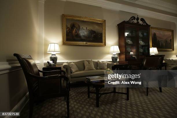 The West Wing lobby of the White House is seen after renovations August 22, 2017 in Washington, DC. The White House has undergone a major renovation...