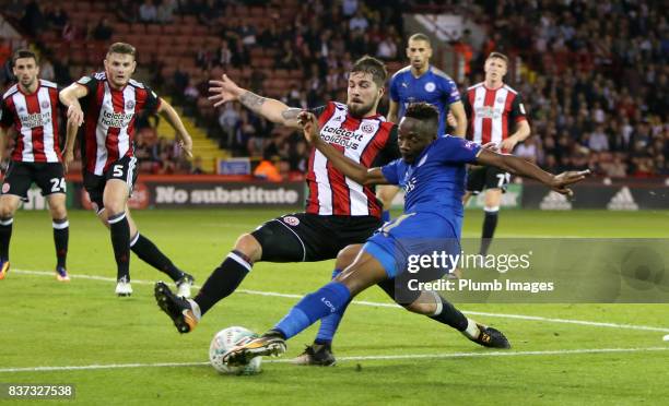 Ahmed Musa of Leicester City scores to make it 1-4 during the Carabao Cup Second Round tie between Sheffield United and Leicester City at Bramall...