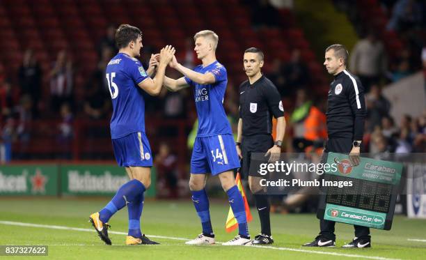 Josh Knight of Leicester City comes on to make his first team debut during the Carabao Cup Second Round tie between Sheffield United and Leicester...