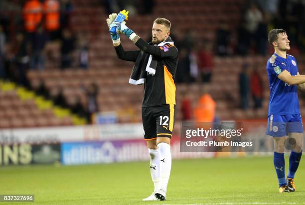 Ben Hamer of Leicester City applauds the travelling fans after the Carabao Cup Second Round tie between Sheffield United and Leicester City at...