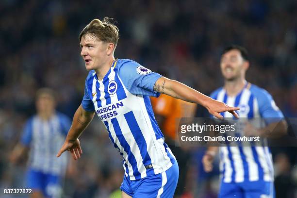 James Tilley of Brighton and Hove Albion celebrates scoring his sides first goal during the Carabao Cup Second Round match between Brighton & Hove...